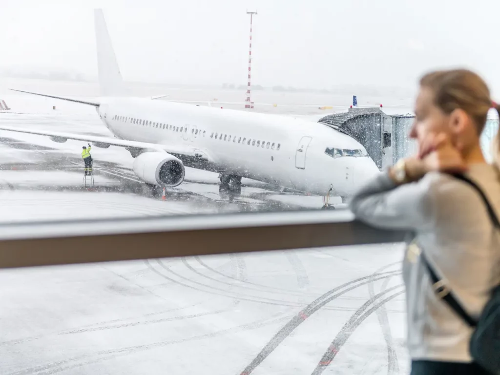 rezygnacja z podróży - kobieta na lotnisku, patrząca na samolot